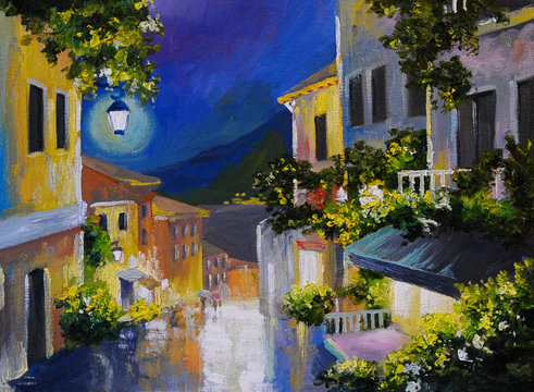 Oil painting landscape - street near the sea, night city, lanter