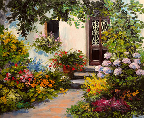 oil painting - house with patio, colorful watercolor