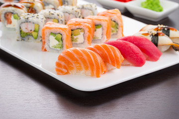 Japanese tasty sushi set on white plate