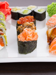 Japanese tasty sushi set on white plate