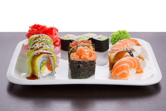 Japanese tasty sushi set on white plate