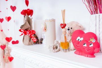 Valentines Day Decorations on Fireplace Mantle
