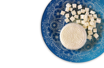 top view of greek cheese and bulgarian cheese on wooden table ov