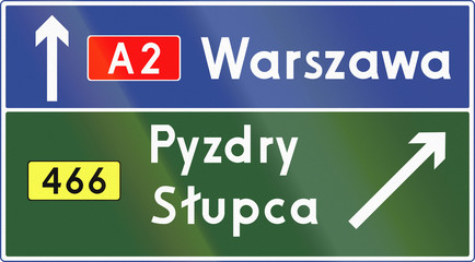 Polish direction sign at motorway exit, stack type