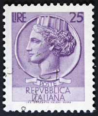 Stamp printed in Italy shows an Ancient coin of Syracuse 1968 