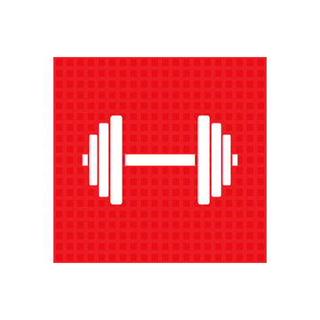 Sports gym equipment. Dumbbell - Vector icon isolated. red square button