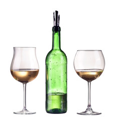 White wine in bottle and two glass. Isolated on white