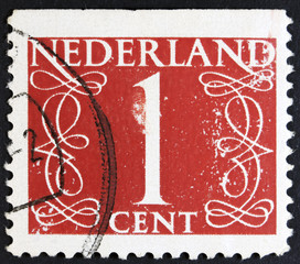 A stamp printed in the Netherlands showing it's value of 1 cent