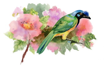 Watercolor illustration of bird on branch with pink flowers