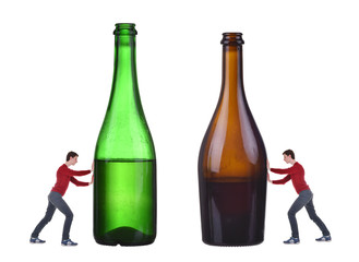 No alcohol, man push bottle with alcohol
