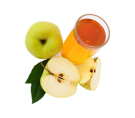 apple juice in glass top view isolated