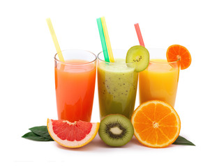 Tropical fruits and juice isolated on white