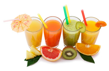 Tropical fruits and juice isolated on white