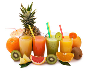 Tropical fruits and juice isolated on white