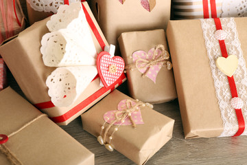 Beautiful gifts close-up. Valentine Day concept