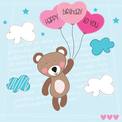happy birthday teddy bear with balloons vector illustration