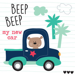 cute teddy in the car vector illustration