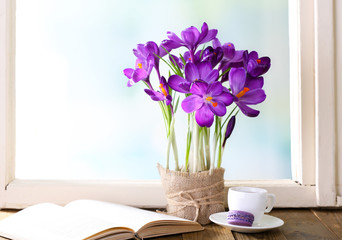 Purple crocus on windowsill background