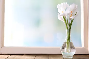 Papier Peint photo Crocus White crocus in vase on windowsill background