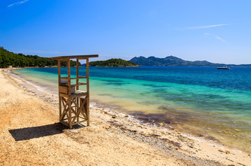 Lifeguard tower on Cap Formentor beach, Majorca island, Spain