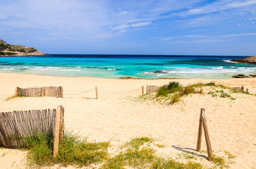 Fototapeta na wymiar Beautiful sandy Cala Agulla beach, Majorca island, Spain