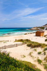 View of beautiful sandy Cala Agulla beach, Majorca island, Spain