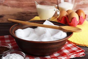 Whipped egg whites and other ingredients for cream