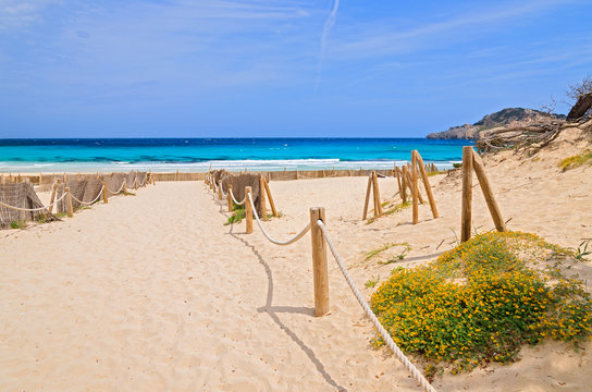 Entrance to sandy Cala Agulla beach, Majorca island, Spain