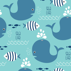 seamless whale and fish pattern vector illustration