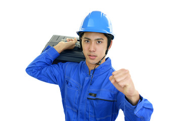 ガッツポーズの労働者