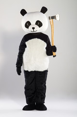 Fototapeta premium Man in panda costume over white background
