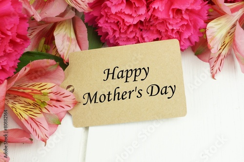 Happy Mother's Day gift tag close up with pink flowers