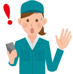 作業員　女性　スマホ　ビックリ
