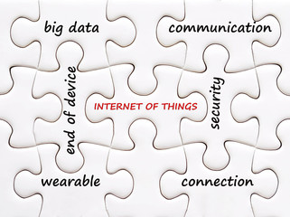 The internet of things words on jigsaw puzzle background