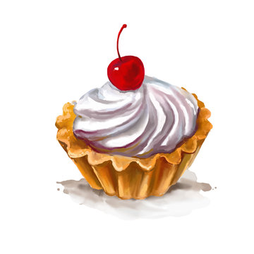 Cherry cupcake vector illustration painted watercolor