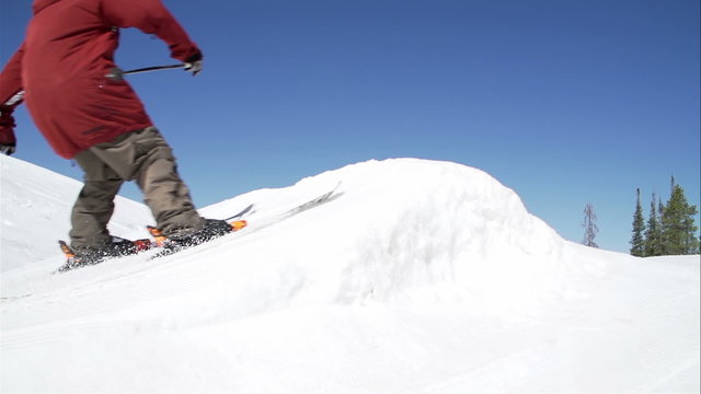 Slow Motion Skier Jumping Off Kicker Doing Extreme Trick