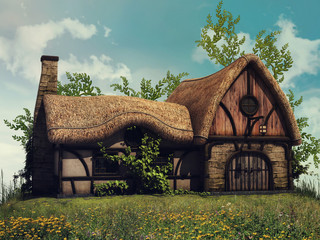 Baśniowy domek z bluszczem na słonecznej łące © Obsidian Fantasy