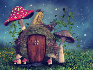 Baśniowa chatka z kolorowymi grzybami na tle nocnego nieba © Obsidian Fantasy