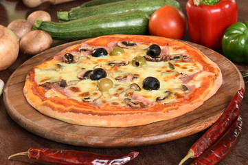 Pizza with ham, mushrooms and olives.