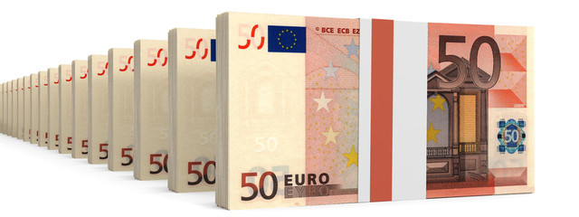 Stacks of money. Fifty euros.