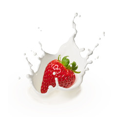 dropping strawberry into milk
