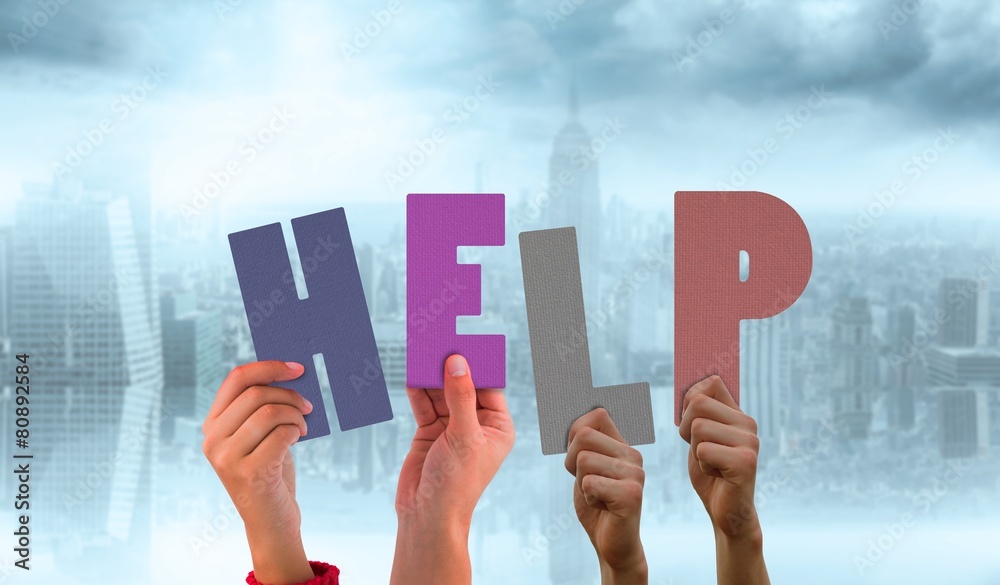 Poster composite image of hands holding up help