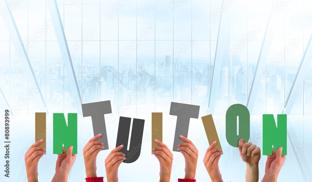 Poster composite image of hands holding up intuition