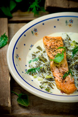 salmon with sauce from a sorrel.