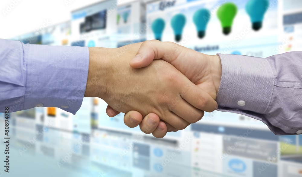 Poster Composite image of hand shake in front of wires
