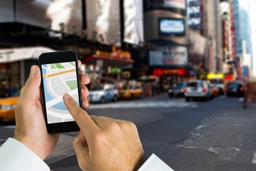 Composite image of man using map app on phone