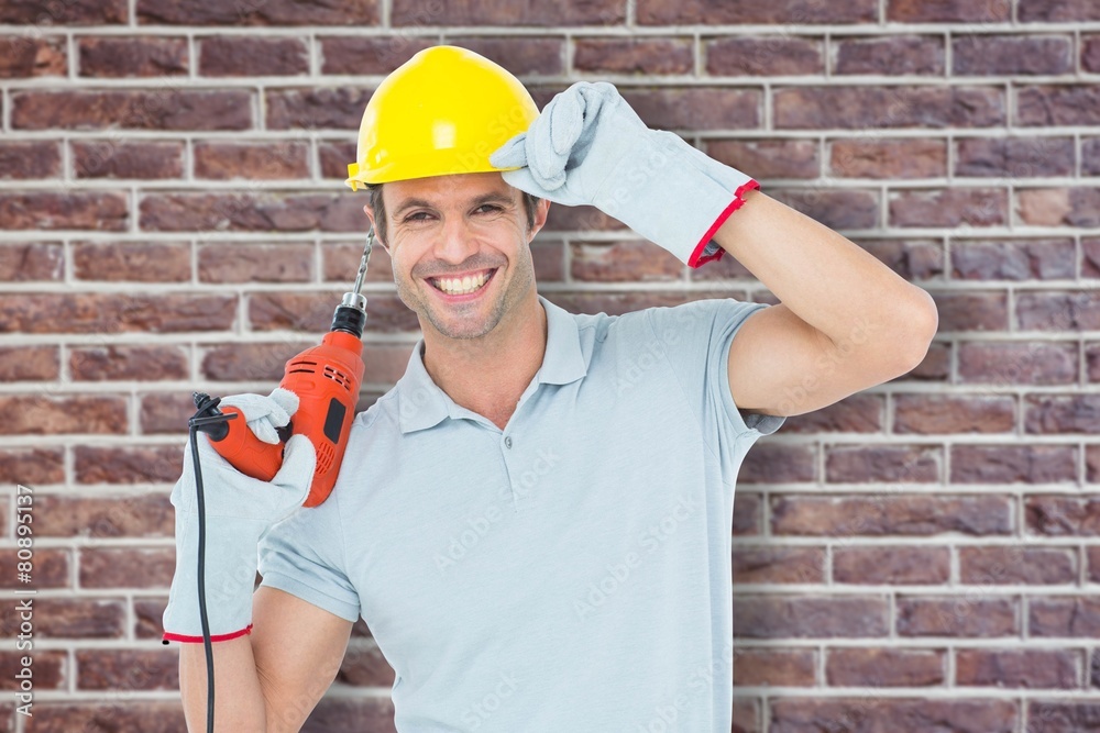 Poster composite image of handsome architect holding drill machine