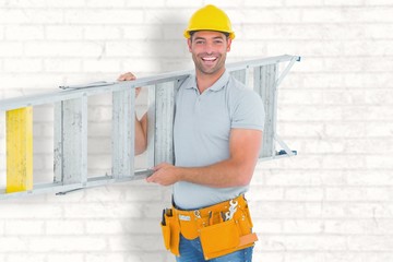 Composite image of portrait of smiling repairman carrying ladder