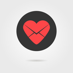 red heart in black circle like love letter icon with shadow