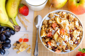 Bowl of cereal and fruits top view